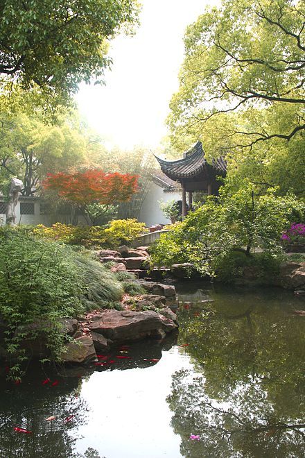 Chinese garden The development of landscape design in China was historically driven by philosophies of both Confucianism and Taoism. Geometric symmetry and reinforcement of class boundaries were typical characteristics of landscape design in Asian cities, and both characteristics reflect Confucian ideals. While the British used nature outside the home to provide privacy, Chinese homes were compounds made of a number of buildings which all faced one or more courtyards or common areas. Rather ... Japan Nature, China Garden, Chinese Landscape Painting, Asian Garden, Chinese Landscape, Chinese Garden, Chinese Architecture, Zen Garden, Canvas Paintings