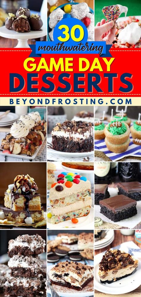 30 Mouthwatering Game Day Desserts, football party food, easy game day snacks, dessert ideas, homegating, tailgating Easy Dessert For Football Party, Football Game Desserts Tailgating, Game Day Food Sweets, Desserts For Team Dinners, Tailgate Food Sweets, Desserts For Tailgating Football Parties, Dessert Tailgate Ideas, Dessert Football Party, Dessert For Game Day