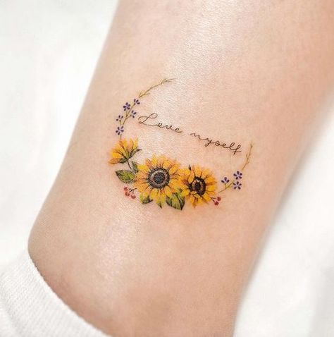 Sunflower Positivity Tattoo, Small Memorial Tattoos Sunflower, Sunflower With Words Tattoo, Sunflower Family Tattoo, Watercolor Sunflower Tattoo Forearm, Sunflower Tattoo Designs For Women, Double Sunflower Tattoo, Wreath Tattoos For Women, Three Sunflower Tattoo