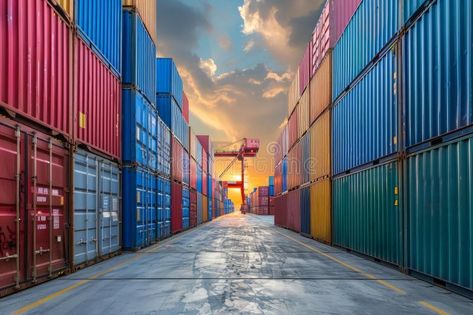 Sunset at industrial container terminal royalty free stock photo Container Terminal, Vector Portrait, Sunset Views, Shipping Container, Royalty Free, Royalty Free Stock Photos, Stock Images