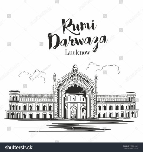 Rumi Darwaza Lucknow uttar Pradesh India vector illustrationLucknow#uttar#Rumi#Darwaza Lucknow Illustration, Rumi Darwaza Lucknow, Lucknow Monuments, Building Sketches, Indian Monuments, Digital Wedding Invitations Design, Shadi Card, Landscape Pencil Drawings, Building Sketch