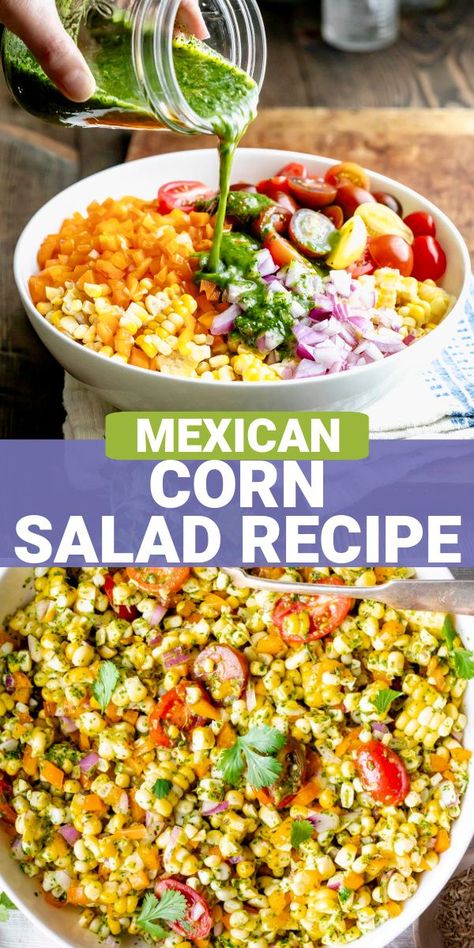 Flavorful, colorful and packed with fresh veggies our Mexican-inspired Corn Salad with Jalapeño and Cilantro Dressing recipe is the ultimate healthy summer side dish. Serve as an easy summer salad with your favorite Mexican food recipes! Serve it for your next barbecue or potluck party. It is also a great make-ahead option. You'll love the jalapeno, cilantro and cumin seed dressing tossed with sweet corn and juicy tomatoes! Cilantro Dressing Recipe, Easy Summer Salad, Fresh Corn Salad, Mexican Corn Salad, Mexican Salads, Traditional Mexican Food, Mexican Street Corn Salad, Cilantro Dressing, Summer Side Dish