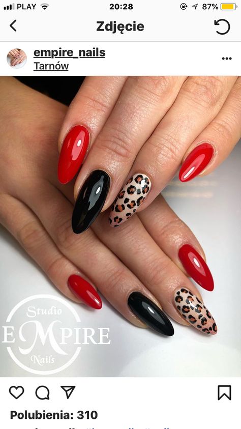 Red And Black Cheetah Nails, Red Nails With Cheetah Print, Red Animal Print Nails, Red And Leopard Print Nails, Red Leopard Nails, Red Leopard Print Nails, Red Cheetah Nails, Leopard Nail Designs, Cheetah Nail Designs