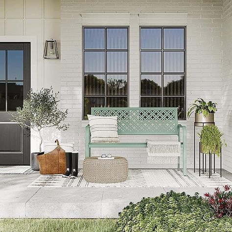 Grand patio Outdoor Bench, Garden Benches with Anti-Rust Steel Metal Frame, Patio Seating for Front Porch Outside Furniture Decor, Mint Front Porch Bench Decor, Bench For Front Porch, Yard Benches, Outside Benches, Front Porch Bench, Bench Garden, Porch Bench, Outdoor Entryway, Patio Side Table