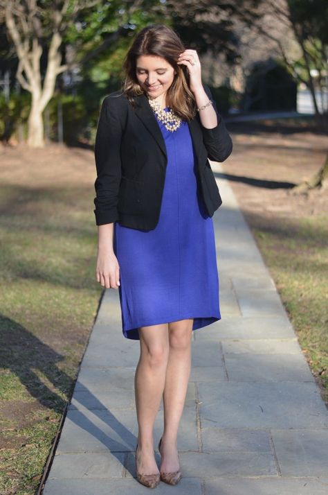 Cobalt blue dress with black blazer from @Marshalls #fabfound Cobalt Blue Dress Outfit, Dress With Black Blazer, Vaca Outfits, Blue Dress Outfit, Blue Dress Outfits, Interview Dress, Neutral Capsule Wardrobe, Interview Outfits, Professional Work Outfit