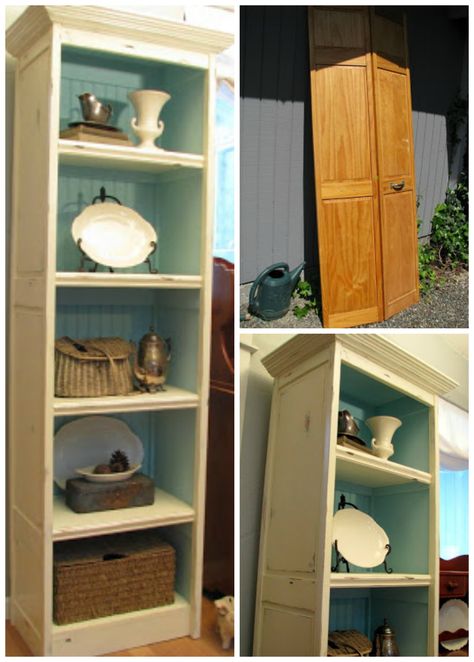 Blue Roof Cabin will show you how to make a bookcase from repurposed bifold doors. Bifold Door Shelves, Repurposed Doors, Old Closet Doors, Old Door Projects, Dining Room Banquette, Salvaged Doors, Fold Door, Closet Door Makeover, Door Bookcase