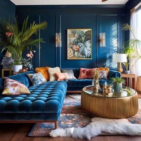 Velvet House Decor, Teal Sofa In Living Room, Teal Velvet Couch Living Room, Lounge Blue Sofa, Blue Velvet Sectional Living Rooms, Pillows For Blue Velvet Couch, Living Room Designs Teal Sofa, Teal Eclectic Living Room, Sofa Blue Velvet