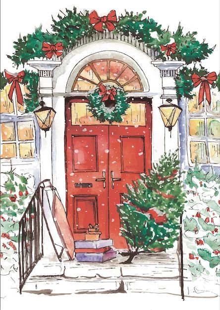 Watercolor hand drawn illustration chris... | Premium Vector #Freepik #vector #christmas-tree-watercolor #christmas-door #winter-invitation #winter-house Watercolor Doors, Marry Christmas Card, Christmas Watercolors, Christmas Doors, Christmas Card Size, Christmas Canvas Art, Winter Watercolor, Christmas Card Art, Holiday Door