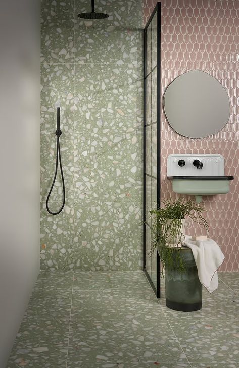 Is terrazzo suitable for bathrooms? | Hyperion Tiles Green Terrazzo Bathroom, Terrazzo Bathroom, Modern Terrazzo, Green Terrazzo, Green Tile Bathroom, Unique Interiors, Green Tiles, Green Mosaic, Terrazzo Tiles