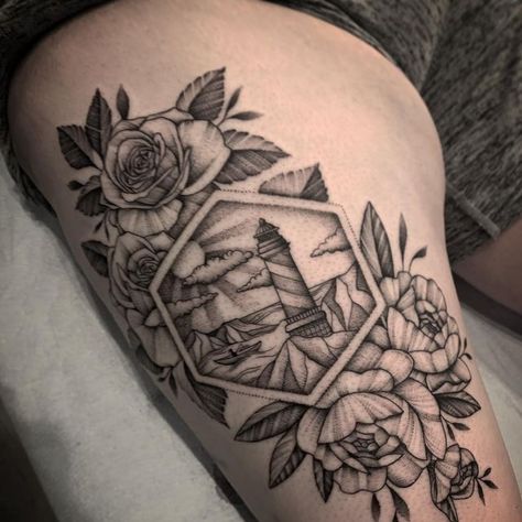 Lighthouse Flower Tattoo, Lighthouse Tattoo With Flowers, Floral Lighthouse Tattoo, Atlanta Tattoo, Black And Grey Sleeve, Done With Love, Lighthouse Tattoo, Female Tattoo Artists, Feminine Tattoos