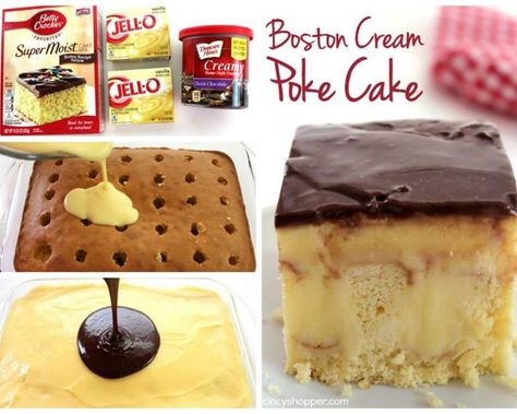 Boston Cream Poke Cake Recipe, Cream Poke Cake, Boston Cream Poke Cake, Boston Cream Cake, Boston Cream Pie, Poke Cake Recipes, Boston Cream, Vegetarian Cake, Poke Cakes