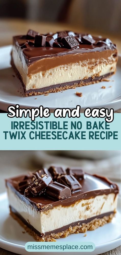 Dive into dessert heaven with this homemade no-bake Twix cheesecake! Combining the flavors of creamy caramel and rich chocolate, this easy recipe requires no baking and minimal effort. With a crunchy graham cracker crust, luscious cream cheese filling, and drizzles of melted chocolate and caramel, this cheesecake is the ultimate treat for any occasion. Perfect for parties, family gatherings, or simply indulging at home, you'll have everyone asking for seconds! No Bale Cheesecake, 8x8 Dessert Recipes, Chocolate Cheesecake Recipe Easy, Twix Cheesecake Recipe, Caramel Chocolate Cheesecake, Twix Cheesecake, No Bake Chocolate Cheesecake, Chocolate And Caramel, Chocolate Cheesecake Recipes