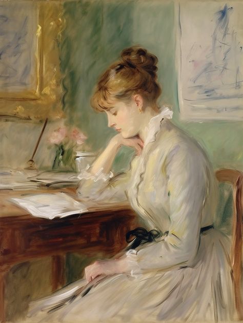 Victorian Art Studio, Victorian Art Drawings, Victorian Paintings Of Women, Victorian Woman Painting, Victorian Woman Art, Painting Desk, Sitting At Desk, 1900s Art, Victorian Paintings