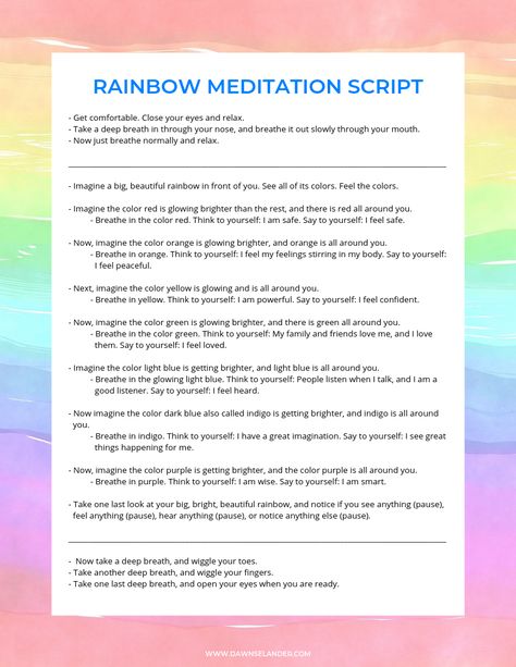 Use this Rainbow Meditation Script to help build inner strength and character. Guided imagery and colorful rainbows make it fun for kids. #teaching #parenting #preschool #guidedvisualization #meditation #rainbows #deepbreathing #characterbuilding  #innerstrength Meditation For Kids, Meditation Kids, Guided Meditation Scripts, Visualization Meditation, Guided Relaxation, Meditation Scripts, Guided Visualization, Guided Imagery, Counseling Activities