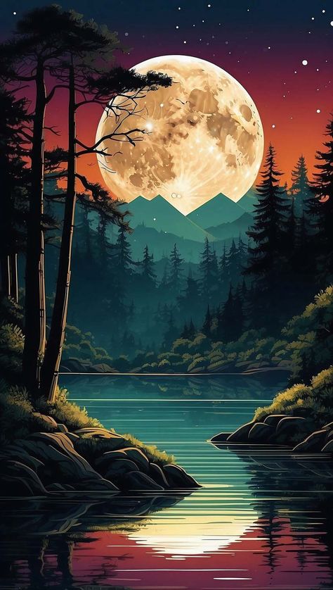 Forest Moon iPhone Wallpaper HD Aurora Sky, Painted River Rocks, Forest Moon, Minimalistic Art, Deep Lines, Moon Illustration, 8k Wallpaper, Moon Painting, Moon Rise