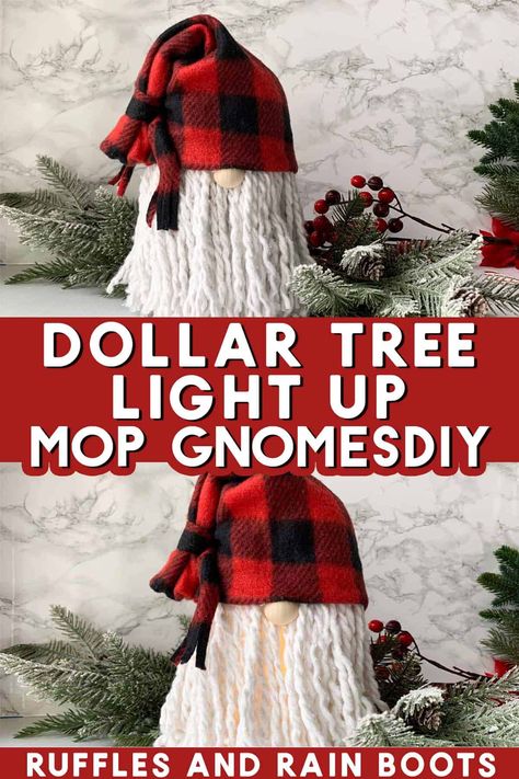 Mop Gnomes Dollar Tree, Dollar Store Nomes, Gnomes Made With Mop Heads, Lighted Christmas Gnomes Diy, Easy Christmas Gnomes To Make, Lighted Mop Gnomes, How To Make Christmas Gnomes Crafts, Pattern For Gnome Beard, Diy Dollar Tree Gnomes How To Make