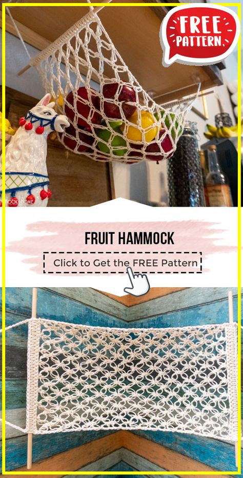 crochet Fruit Hammock free pattern - FREE Crochet Hammock Pattern for Beginners. Click to Get the Pattern #Hammock #crochetpattern #crochet via @shareapattern.com Free Yarn How To Get, Free Crochet Fruit Hammock Patterns, Crochet Kitchen Hammock, Crochet For Kitchen Free Pattern, How To Make A Fruit Hammock, Free Crochet Cat Hammock Pattern, Crochet Peaches And Cream Free Pattern, Crochet Fruit Basket Pattern, Crochet Mini Hammock