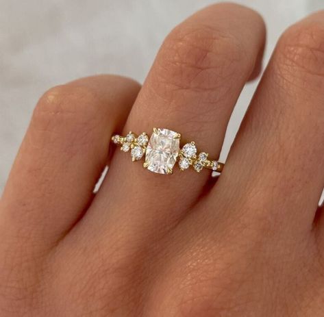 Oval Snowdrift Engagement Ring, Dream Wedding Rings Gold, Different Gold Engagement Rings, Engagement Ring Flatlay, Wedding Engagement Ring Set, Gold Wedding Rings 3 Stone, Tilted Square Engagement Ring, Gold Cushion Wedding Rings, Different Shaped Engagement Rings