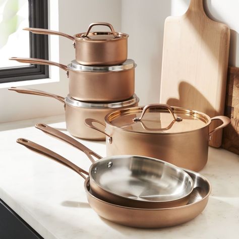 Shop Fleischer and Wolf Bronze Rome Tri-Ply 10-Piece Cookware Set. Stunning for its subtly textured and rose gold matte exterior, this cookware set shows off beautifully while outfitting the kitchen with ten essential pieces. Copper Cookware Set, Rose Gold Kitchen, Induction Oven, Induction Cookware, Cookware Set Stainless Steel, Copper Pans, Copper Cookware, Pots And Pans Sets, Gold Kitchen