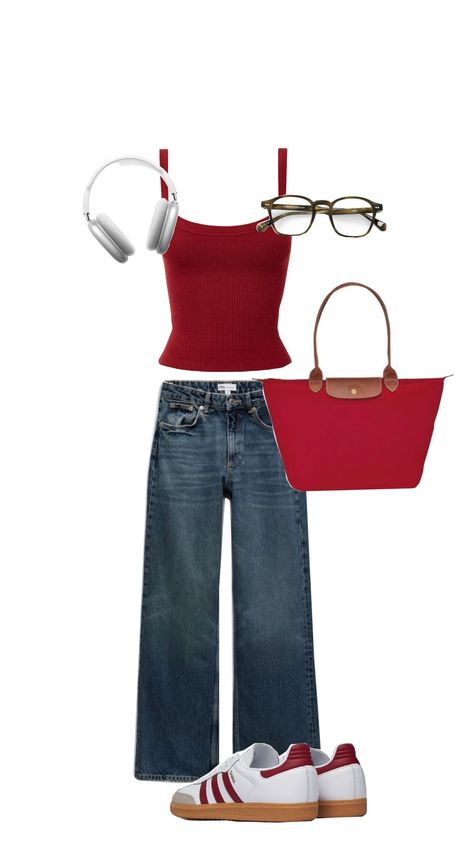 🎈 red outfit 🎈 #red #outfit #longchamp #samba #appleheadphones Red And White Outfit Summer, Red Outfit Color Combos, Red Samba Outfit, Red Top Outfit Casual, Cute Red Outfits, Red Purse Outfit, School Spirit Outfit, White Outfit Casual, Sambas Adidas Women Outfit