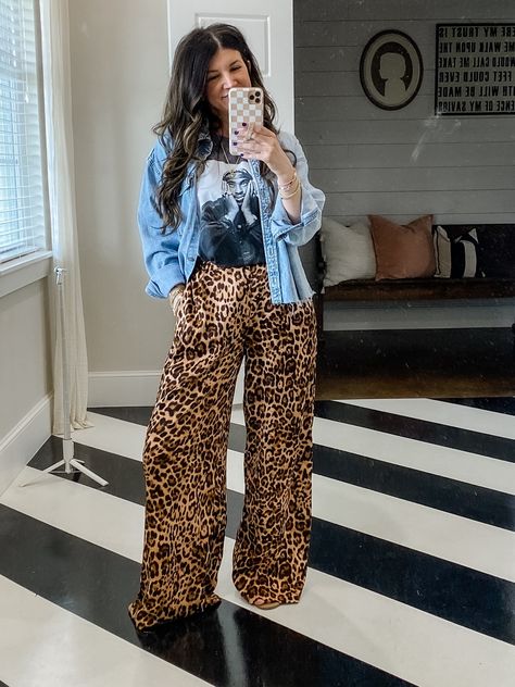 Women's Tupac Short Sleeve Graphic … curated on LTK Graphic T Outfit Winter, Satin Leopard Pants Outfit, Leopard Clothes Aesthetic, Wide Leg Leopard Jeans Outfit, Leopard Jeans Outfit Winter, Wide Leg Leopard Pants Outfit, How To Style Leopard Pants, Cheetah Shirt Outfit, Cheetah Print Jeans Outfit