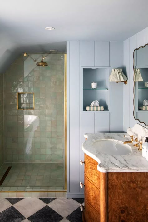 Meet The Interior Designer: Cat Earp | SheerLuxe New House Design Ideas, Pale Blue Bathroom, Idea For Bathroom, Parma Gray, New House Design, Shepherd Huts, Bathroom Decor Ideas, Upstairs Bathrooms, Blue Bathroom