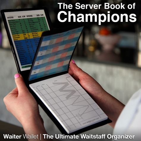 Not only did Waiter Wallet invent the server book, but we also perfected it!  We are still the only server book designed, from the ground up, to organize waitresses and waiters. Server Book Ideas, Waiter Tips, Waitress Book, Money Binder, Server Book, Check Presenters, Restaurant Management, Book Organization, Apron Pockets