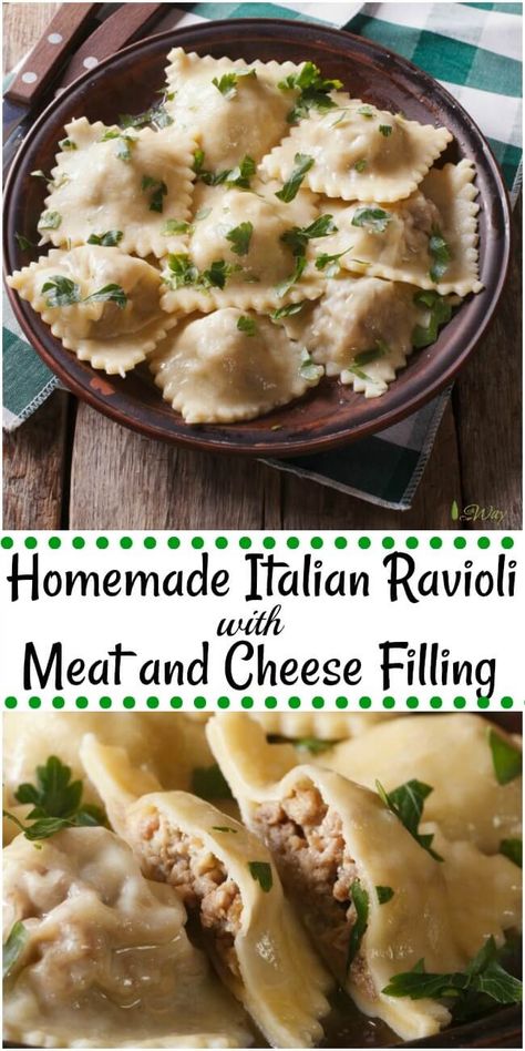 Homemade Italian Ravioli with Meat and Cheese Filling are pasta pillows filled to bursting with a spicy meat filling. Authentic Italian flavors and recipe. #ravioli, #homemade_ravioli, #homemade_pasta, #Italian_ravioli,#ravioli_filling,#meat_cheese_filling_for_ravioli, #authentic_ravioli Homemade Ravioli Dough, Italian Ravioli, Ravioli Recipe Homemade, Ravioli Dough, Pasta Gnocchi, Ravioli Filling, Parsley Leaves, Homemade Pasta Recipe, Recipe Notebook