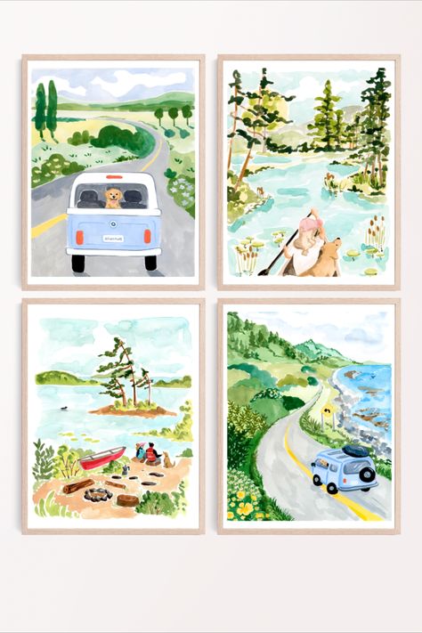 It's summer time! Pick and choose your favourite adventure set to bring a little sunshine and joy to your walls!  Hand painted with watercolours by Sabina Fenn in her Toronto studio and hand-signed before packing :) Road Trip Art, Travel Watercolor, Sabina Fenn, Tools Drawing, Adventure Print, Lake Art, Travel Wallpaper, Art Tools Drawing, Selling Prints