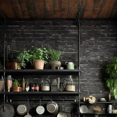 Black Fake Brick Wall, Black Brick Backsplash Kitchen, Black Brick Kitchen Backsplash, Rustic Brick Backsplash Kitchen, Black Brick Backsplash, Painted Brick Kitchen, Black Brick Kitchen, Dark Brick Wall, Cabin Makeover