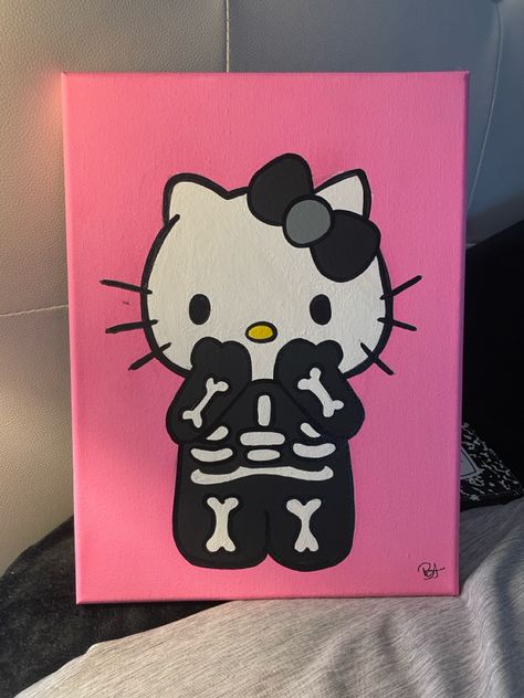 Sanrio Emo Canvas Painting, Easy Coraline Painting, Hello Kitty Canvas Painting, Disney Painting Ideas, Hello Kitty Painting Ideas, Painting Ideas On Canvas Halloween, Disney Painting, Hello Kitty Painting, Cute Easy Paintings