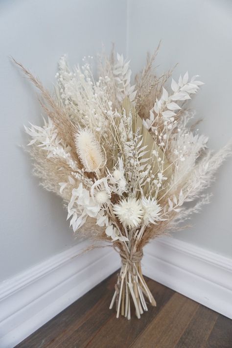 Neutral Dried Flower Bouquet Boho Bridal Bouquet Pampas Grass - Etsy Canada Neutral Dried Flower Bouquet, Swanky Wedding, Bridal Bouquet Pampas, White Dried Flower Bouquet, Planning 2024, Wedding Staircase, Neutral Wedding Decor, Boho Bridal Bouquet, Neutral Wedding Flowers