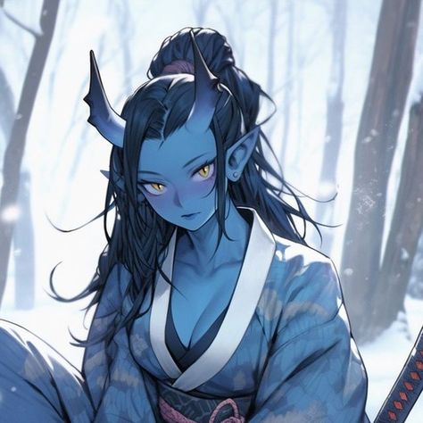 Blue Oni Character Art, Tiefling Monk Female, Female Oni Character Art, Tiefling Blue, Blue Tiefling Woman, Kensei Monk, Oni Female, Oni Character Design, Oni Woman