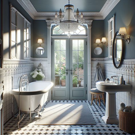 The bathroom features elegant black and white tiles, a vintage claw-foot bathtub with a sleek chrome faucet, and a white pedestal sink with a large circular mirror above it. A crystal chandelier hangs from a high ceiling, casting a warm, inviting glow on the bathroom's pale blue walls. French doors lead to a small terraced garden filled with various plants and flowers, providing a serene view. The atmosphere exudes tranquility and luxury, serving as an inspiring model for a remodeling project. Light Academia Bathroom, Academia Bathroom, Vintage Style Bathroom, Classic Bathroom, Style Bathroom, Elegant Bathroom, Classic Decor, Light Academia, Bathroom Inspiration