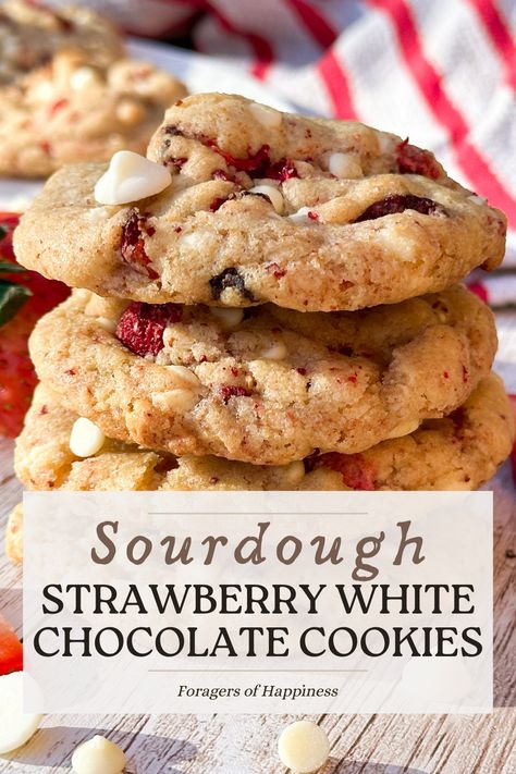 Sourdough Strawberry white chocolate chip cookies are the perfect sweet and fruity cookie filled with sweet strawberries and white chocolate chips. These sourdough discard cookies are easy to make and can be made the same day or left to long ferment for several days to make ahead of time. You can also freeze the cookie dough and make the months in advance to prepare for the holidays. This quick sourdough discard cookie recipe is a fun way to use extra sourdough starter for any event. Strawberry White Chocolate Sourdough, Sourdough White Chocolate Cranberry Cookies, Sourdough White Chocolate Chip Cookies, Sourdough Discard Sweets, Sourdough Christmas Cookies, Sourdough Discard Cookie Recipes, Sourdough Discard Strawberry, Starting Sourdough, Sourdough Cookies Recipe