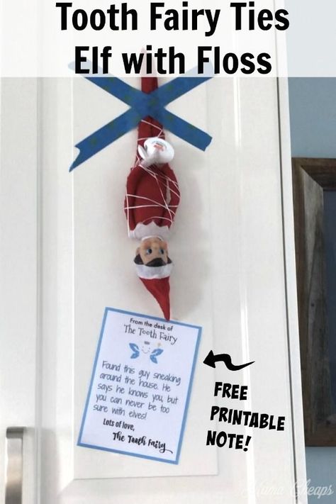 What happens when your kid loses a tooth during the time of year when the Elf on the Shelf visits your house? The Tooth Fairy just might run into the elf overnight and she just might not believe the elf. She might have to tie him up with some tooth floss, just in case! Set up this hilarious easy elf scene in minutes and use our free printable note to explain why the elf is tied up! #toothfairy #elfontheshelf #elfideas #printable #mamacheaps Believable Elf On The Shelf, Elf On The Shelf Visiting Santa, Elf And Toothfairy Ideas, Elf On The Shelf And The Tooth Fairy, Elf On The Shelf Ideas Tooth Fairy, Elf Tooth Fairy, Elf On The Shelf And Tooth Fairy Ideas, Elf On The Shelf Lost Tooth Ideas, Toothfairy Notes First Tooth