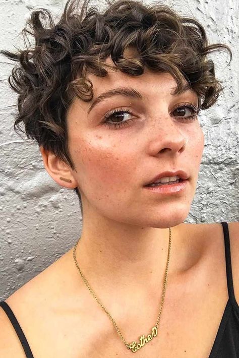 Wavy Undercut Pixie, Old Hollywood Pixie Hair, Asymmetrical Curly Haircut, Short Pixie Cut Curly Hair, Pixie Haircut For Curly Hair Natural, Very Short Curly Hair Pixie, Mum Haircut, Models With Short Hair, Short Curly Pixie Cut