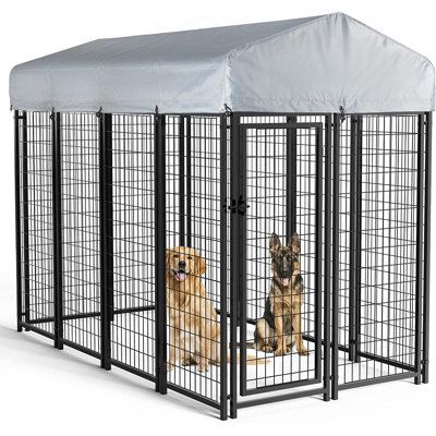 Heavy-duty rust-resistant metal for increased longevity and durability. Pre-assembled gate with a pet-proof latch. Included roof and water-resistant cover. Center-welded wire mesh creates no sharp edges. Dog pen supply stability on uneven surfaces. Powder coating provides weather protection and eliminates sharp points. Easy 1-person assembly no tools needed. Suitable for use indoors or outdoors. Ideal for dogs, cats, and other small animals. Metal pet kennel is perfect for most medium-large anim Dog Pen Outdoor, Dog Enclosures, Dog Kennel Outside, Dog Enclosure, Heavy Duty Dog Kennel, Outdoor Dog Kennel, Puppy Playpen, Dog Pens, Dog Run