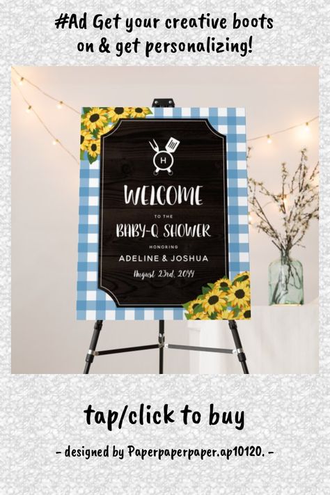 Blue Gingham Sunflowers Baby-Q Shower Welcome Foam Board - tap/click to personalize and buy #FoamBoard #affiliatelink #wood #grain, #rustic, #backyard Picnic Baby Showers, Baby Q Shower, Rustic Wedding Programs, Rustic Backyard, Baby Shower Bbq, Coed Baby Shower, Baby Q, Green Gingham, Wedding Posters