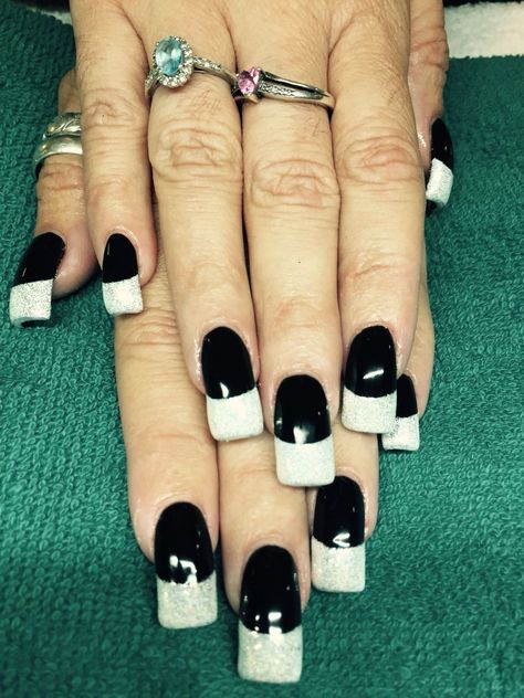 Black and white French manicure #nails #nailart White French Manicure Nails, Black And White French Manicure, White French Manicure, Black Toe Nails, Black And White French, Nail Rhinestones, French Manicure Nails, Stripped Nails, Manicure Nails