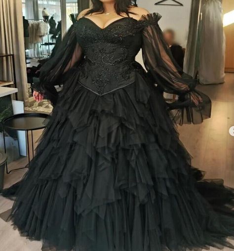 Plus Size Gothic Wedding Dresses Black Off the Shoulder Ruffles Lace Bridal Gown | eBay Hi Lo Wedding Dress With Sleeves, Goth Ball Gown Plus Size, Gothic Bridesmaids Dresses, Black Gothic Corset Wedding Dress, Plus Sized Fantasy Dress, Black Wedding Dress Flowers, Masquerade Dress Plus Size, Blue Plus Size Wedding Dress, Black Medieval Wedding Dress