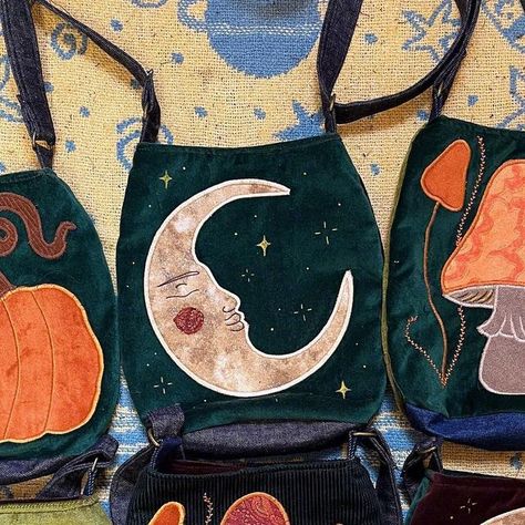 sapphic oracle 🔮 on Instagram: "we have this very autumnal drop coming to you tomorrow at 8pm bst!🍁 along with these special autumn bags we will have some classic sun & moon bags & mini bags! 🍂🎃 unfortunately we weren’t able to get any of the new cord tote bags finished this week as we had a late delivery of fabric but there will be lots of them coming next week 🌞" Whimsigoth Bag, K Ring, Special A, Hippie Bags, Diy Stuff, Hippie Outfits, Bags Mini, Mini Bags, Sun Moon