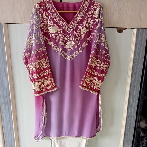 Authentic handwork parsi gara kurti Moti Lace, Handwork Design, Eastern Wear, Gold Work Embroidery, Beaded Necklace Designs, Gold Work, Embroidery Suits, Embroidery Fashion, Butterfly Wallpaper