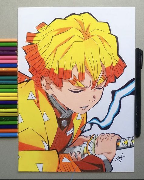 Demon Slayer Painting Zenitsu, Zenitsu Painting Canvas, Zinetsu Drawing, Drawing Of Zenitsu, Demon Slayer Drawing Zenitsu, Anime Color Pencil Art Drawings, Demons Layer Drawing, Demon Slayer Sketch Zenitsu, How To Draw Zenitsu