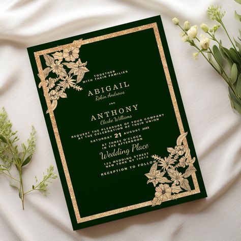 A modern luxury dark forest green and gold glitter floral Wedding invitation. This elegant stylish forest green and gold glitter floral wedding party invitation is perfect for any classy and sophisticated glam girl. This design is perfect for a trendy and stylish party event. Customize this design with your own message and personalized information. All designs are printed. Emerald Invitations Wedding, Dark Green And Ivory Wedding, Forest Green Wedding Invitations, Dark Green Invitation, Dark Green Wedding Invitations, Dark Green And Gold Wedding, Forest Green And Gold Wedding, Black And Green Wedding, Floral Wedding Party