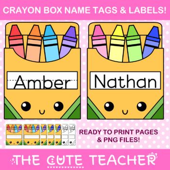 Classroom Door Crayon Theme, Free Printable Cubby Name Tags, Crayon Theme Classroom Free Printables, Kindergarten Name Tags Printable, Cute Name Tags For School, Crayon Classroom Theme Decor, Crayon Name Tags, Apple Name Tags, Name Tags For Classroom