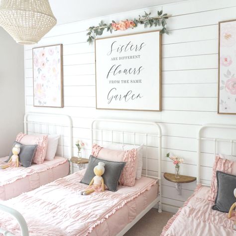 Darling shared girls bedroom in blush pink, grey, white, gold with floral decor. "Sisters are different flowers from the same garden" by Ellison Made Sisters Are Different Flowers, Sister Bedroom, Shared Girls Room, Sister Room, Shared Girls Bedroom, Floral Bedroom, Loft Bedroom, Teen Girl Bedroom, Twin Beds