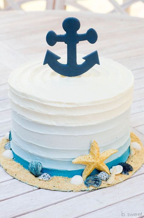 Nautical Birthday Cakes, Birthday Cake Kids Boys, Nautical Baby Shower Boy, Sailor Baby Showers, Boat Cake, Nautical Cake, Beach Cakes, Fathers Day Cake, Ombre Cake