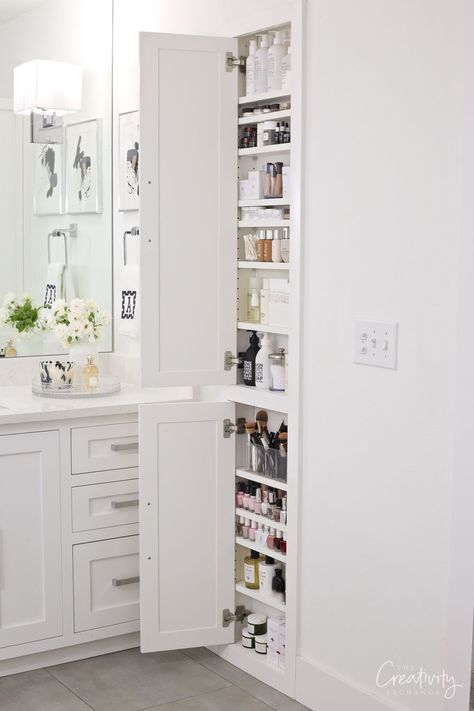 Bathroom Wall Storage, Bathroom Redesign, Master Bath Remodel, Bathroom Remodel Designs, Small Bathroom Storage, Upstairs Bathrooms, Girls Bathroom, Bathroom Storage Cabinet, Bathroom Renos