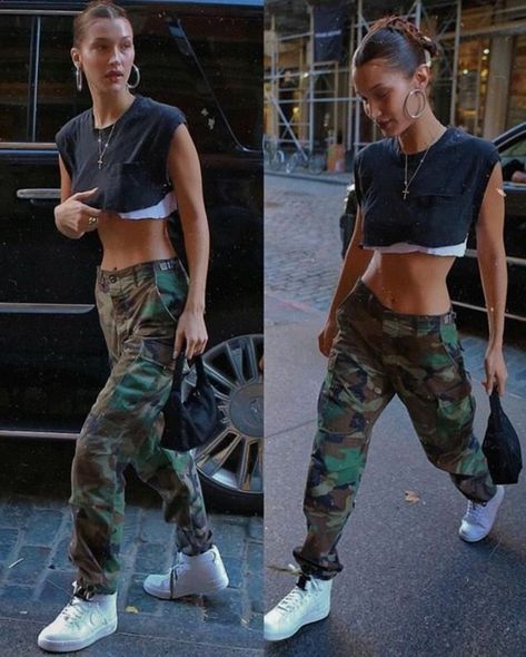 Bella Hadid Street Style, Bella Hadid Outfits, Bella Hadid Style, Hadid Style, Fire Fits, Camo Pants, Clothing Ideas, Bella Hadid, Outfits Casuales